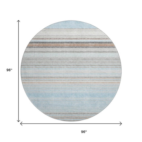8' Sky Blue Gray And Ivory Striped Washable Round Rug With UV Protection