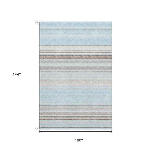 9' X 12' Sky Blue Gray And Ivory Striped Washable Area Rug With UV Protection