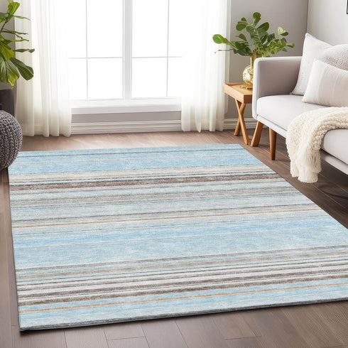 9' X 12' Sky Blue Gray And Ivory Striped Washable Area Rug With UV Protection