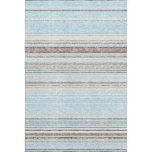 9' X 12' Sky Blue Gray And Ivory Striped Washable Area Rug With UV Protection