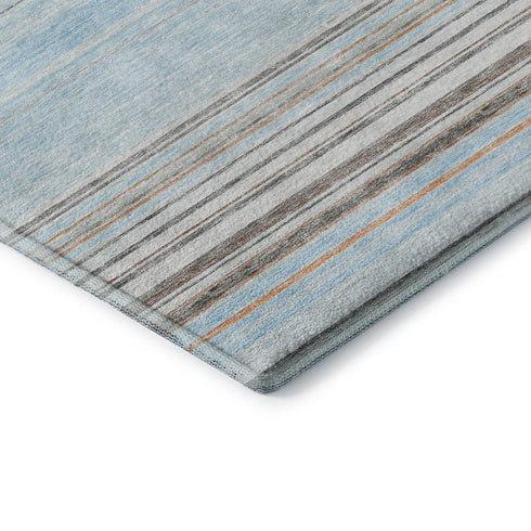 9' X 12' Sky Blue Gray And Ivory Striped Washable Area Rug With UV Protection