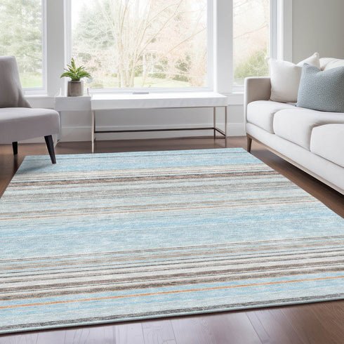 9' X 12' Sky Blue Gray And Ivory Striped Washable Area Rug With UV Protection
