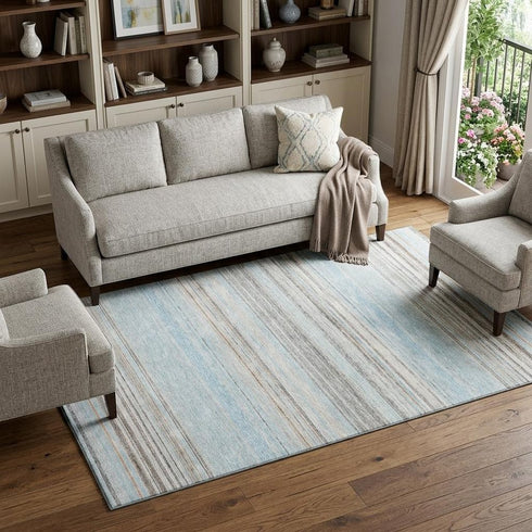 9' X 12' Sky Blue Gray And Ivory Striped Washable Area Rug With UV Protection