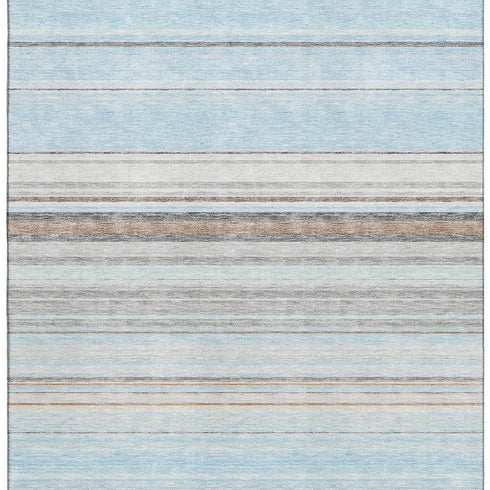 9' X 12' Sky Blue Gray And Ivory Striped Washable Area Rug With UV Protection