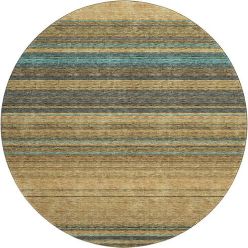 8' Wheat Teal And Brown Striped Washable Round Rug With UV Protection