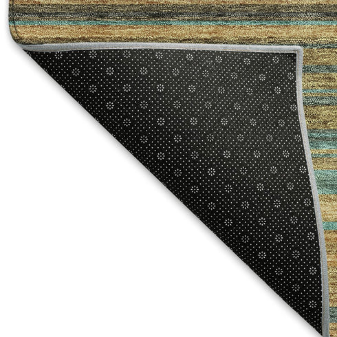 8' Wheat Teal And Brown Striped Washable Round Rug With UV Protection