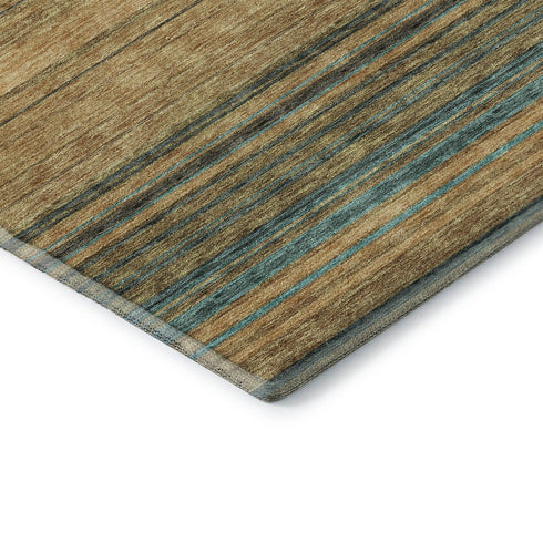 8' Wheat Teal And Brown Striped Washable Round Rug With UV Protection