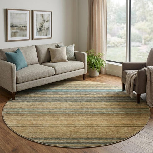 8' Wheat Teal And Brown Striped Washable Round Rug With UV Protection