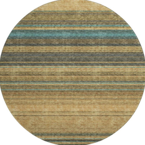 8' Wheat Teal And Brown Striped Washable Round Rug With UV Protection
