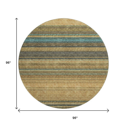 8' Wheat Teal And Brown Striped Washable Round Rug With UV Protection