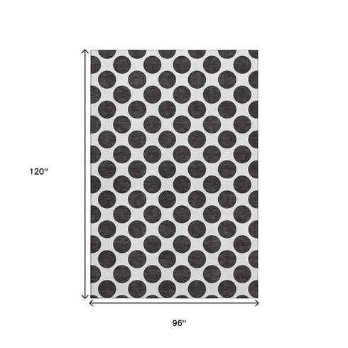 8' X 10' Black And Ivory Polka Dot Washable Area Rug With UV Protection