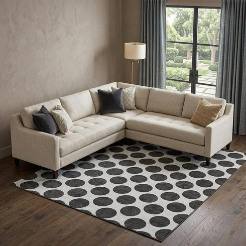 8' X 10' Black And Ivory Polka Dot Washable Area Rug With UV Protection