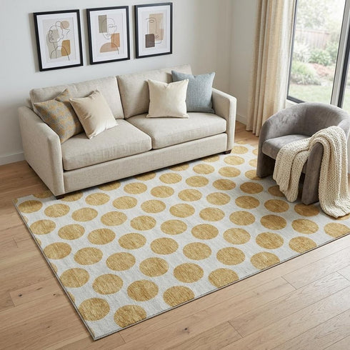 5' X 8' Gold And Ivory Polka Dot Washable Area Rug With UV Protection