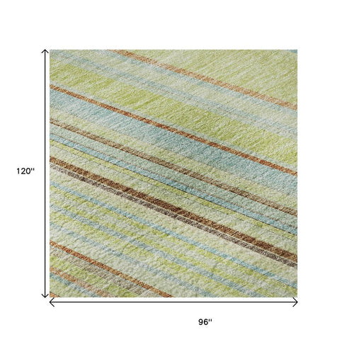 8' X 10' Artichoke Green Brown And Beige Striped Washable Area Rug With UV Protection