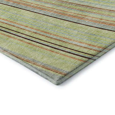 8' X 10' Artichoke Green Brown And Beige Striped Washable Area Rug With UV Protection