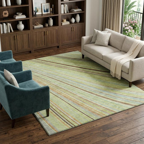 8' X 10' Artichoke Green Brown And Beige Striped Washable Area Rug With UV Protection