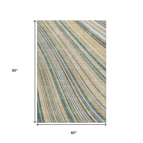 5' X 8' Beige Gold And Sage Striped Washable Area Rug With UV Protection