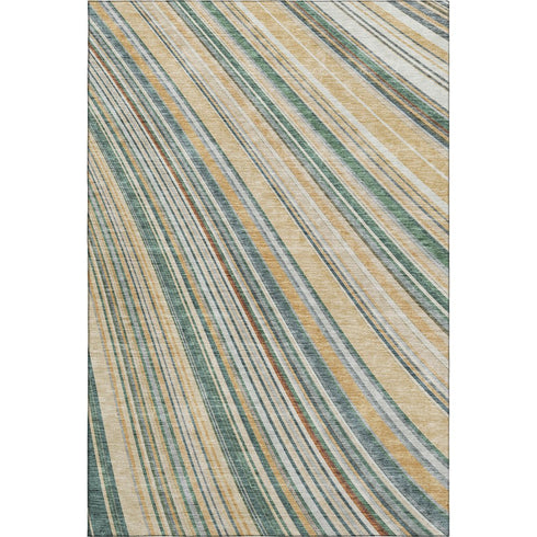 5' X 8' Beige Gold And Sage Striped Washable Area Rug With UV Protection