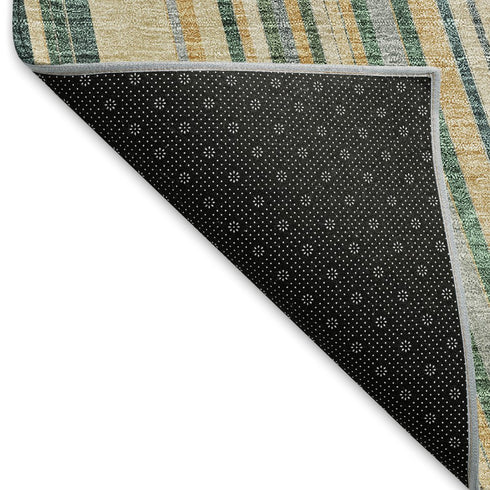5' X 8' Beige Gold And Sage Striped Washable Area Rug With UV Protection