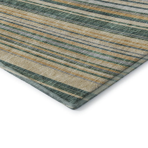 5' X 8' Beige Gold And Sage Striped Washable Area Rug With UV Protection