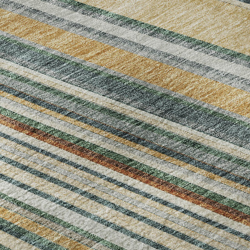 5' X 8' Beige Gold And Sage Striped Washable Area Rug With UV Protection