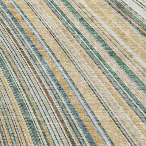 5' X 8' Beige Gold And Sage Striped Washable Area Rug With UV Protection