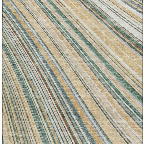 5' X 8' Beige Gold And Sage Striped Washable Area Rug With UV Protection
