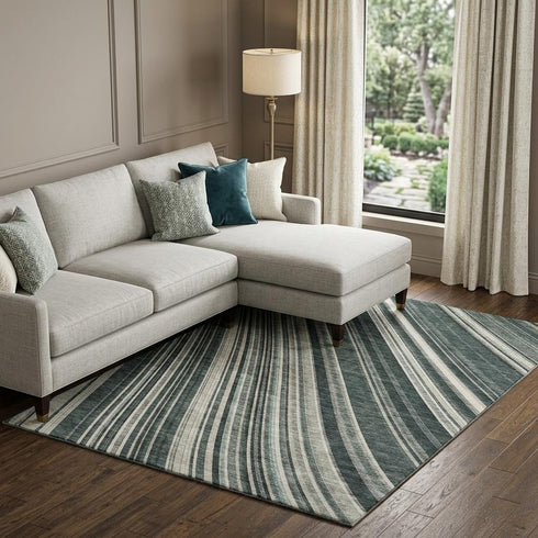 8' X 10' Black Gray And Ivory Striped Washable Area Rug With UV Protection