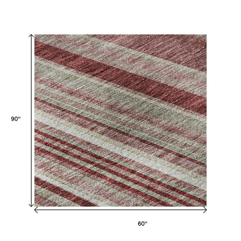 5' X 8' Burgundy Gray And Ivory Striped Washable Area Rug With UV Protection