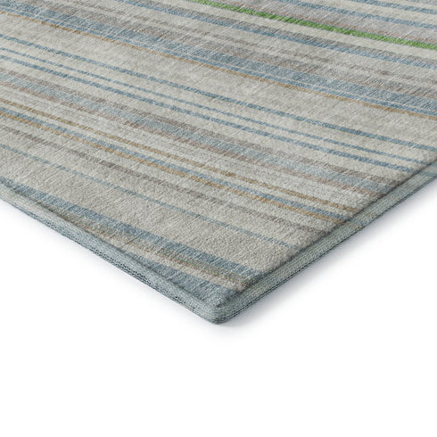 5' X 8' Ivory Green And Beige Striped Washable Area Rug With UV Protection