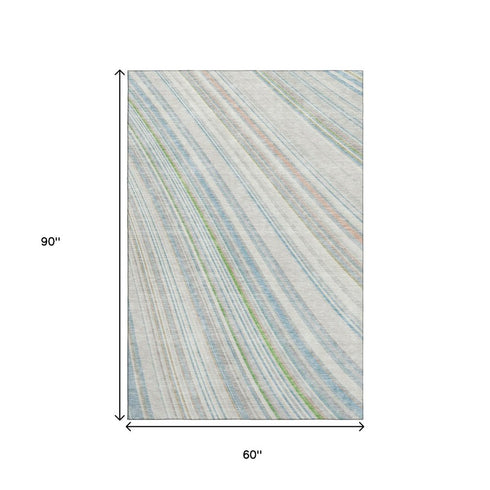 5' X 8' Ivory Green And Beige Striped Washable Area Rug With UV Protection