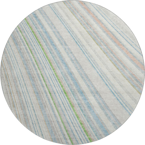 8' Ivory Green And Beige Striped Washable Round Rug With UV Protection