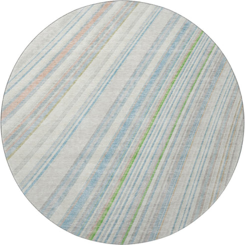 8' Ivory Green And Beige Striped Washable Round Rug With UV Protection