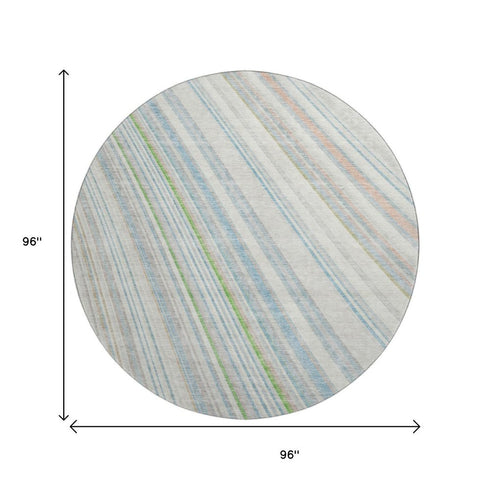 8' Ivory Green And Beige Striped Washable Round Rug With UV Protection