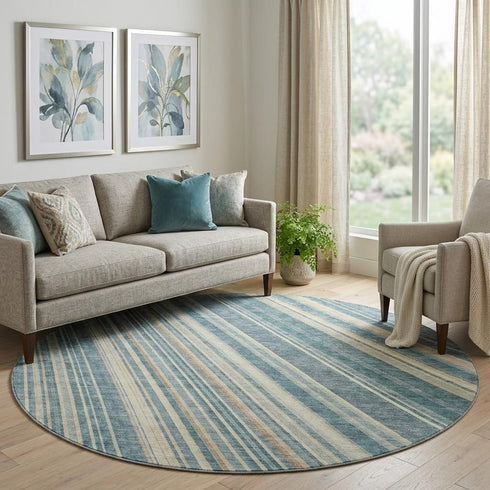 8' Sky Blue Tan And Beige Striped Washable Round Rug With UV Protection