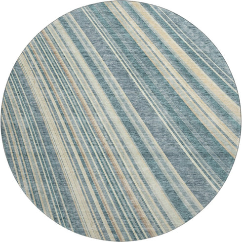 8' Sky Blue Tan And Beige Striped Washable Round Rug With UV Protection