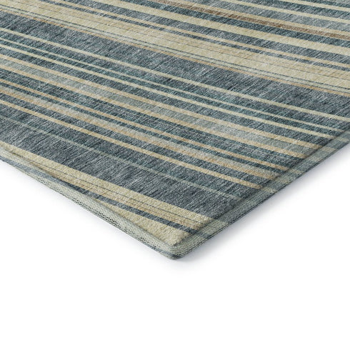 8' Sky Blue Tan And Beige Striped Washable Round Rug With UV Protection