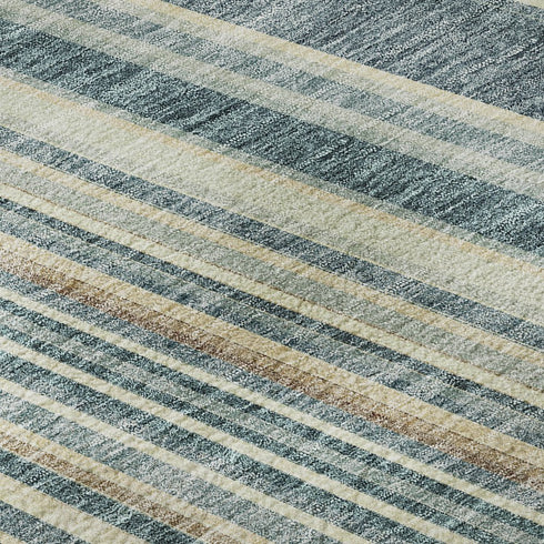 8' Sky Blue Tan And Beige Striped Washable Round Rug With UV Protection