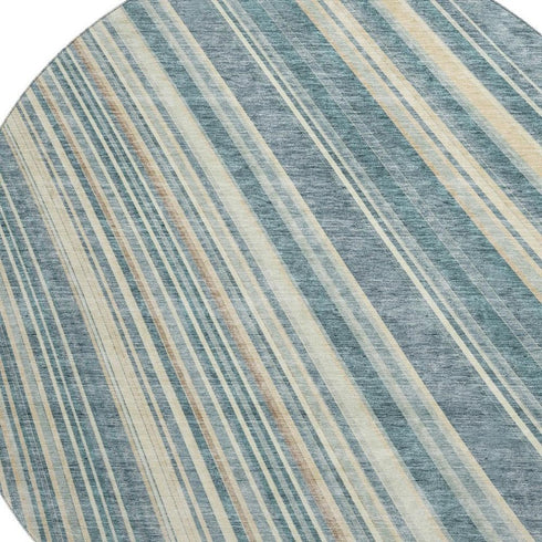 8' Sky Blue Tan And Beige Striped Washable Round Rug With UV Protection