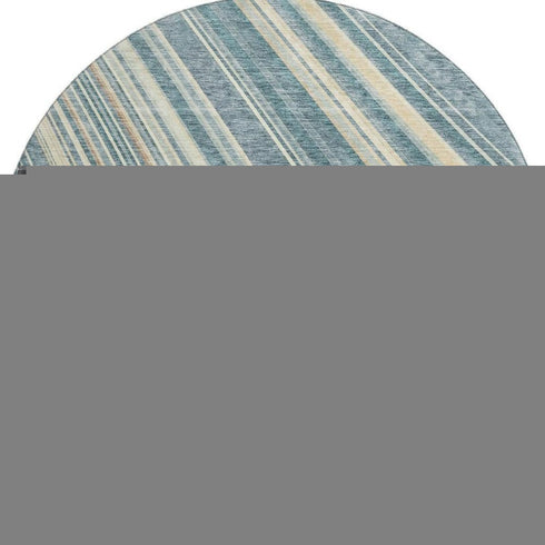 8' Sky Blue Tan And Beige Striped Washable Round Rug With UV Protection