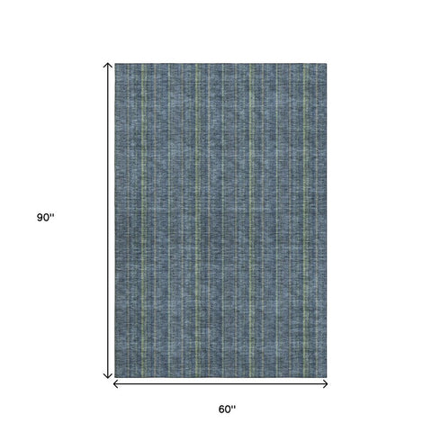 5' X 8' Blue And Green Striped Washable Area Rug With UV Protection