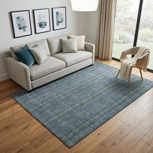 5' X 8' Blue And Green Striped Washable Area Rug With UV Protection