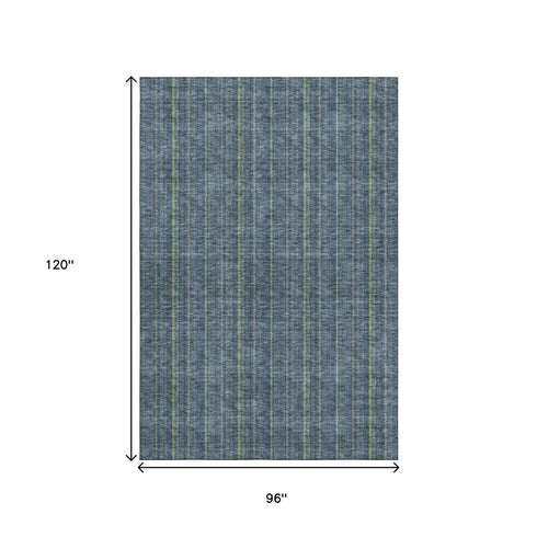 8' X 10' Blue And Green Striped Washable Area Rug With UV Protection