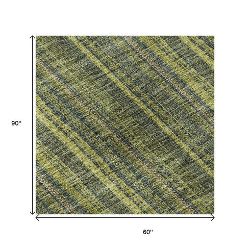 5' X 8' Olive Green And Navy Blue Striped Washable Area Rug With UV Protection