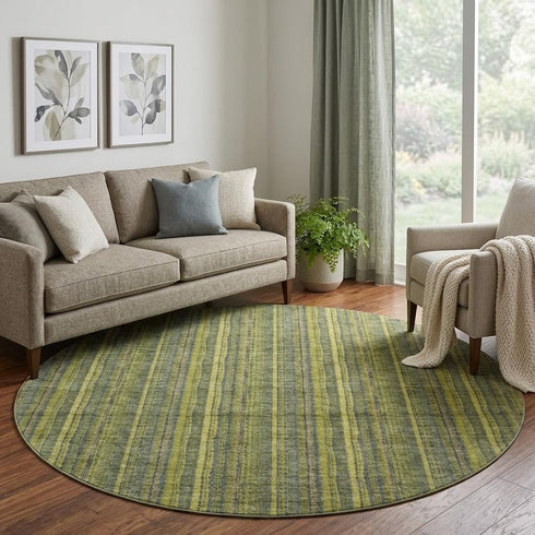 8' Olive Green And Navy Blue Striped Washable Round Rug With UV Protection