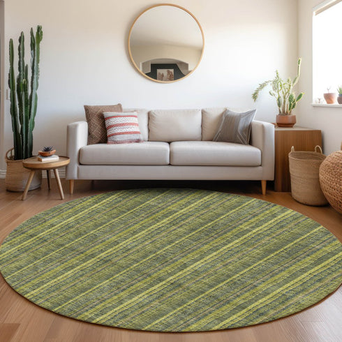 8' Olive Green And Navy Blue Striped Washable Round Rug With UV Protection