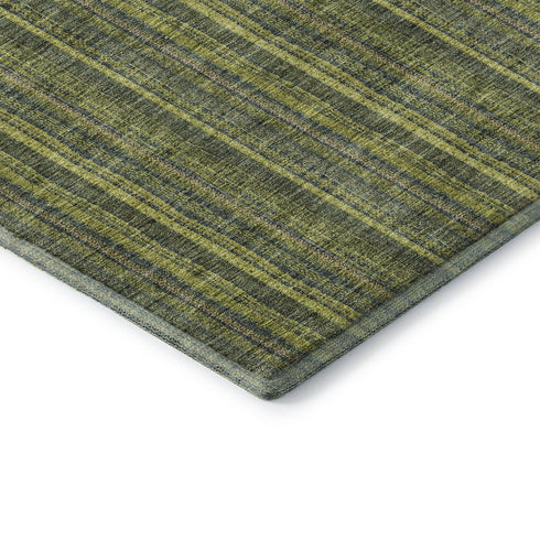 8' Olive Green And Navy Blue Striped Washable Round Rug With UV Protection