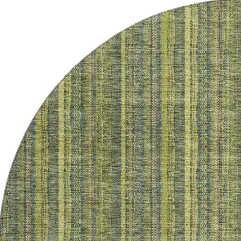 8' Olive Green And Navy Blue Striped Washable Round Rug With UV Protection