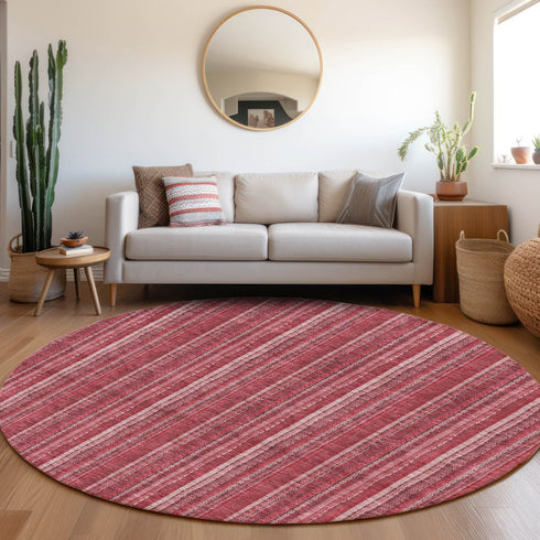 8' Pink And Ivory Striped Washable Round Rug With UV Protection