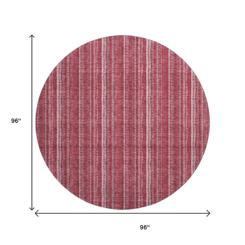 8' Pink And Ivory Striped Washable Round Rug With UV Protection